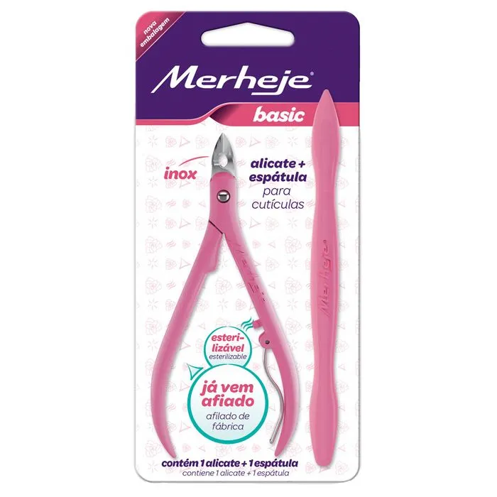 ALICATE P/CUTICULA MERHEJE BASIC ROSA C/ESPATULA