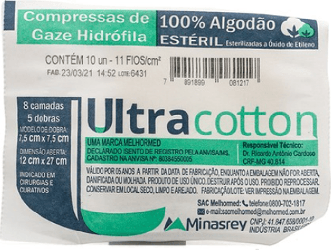 COMPRESSA DE GAZE 7,5 X 7,5 CM 11 FIOS C/10 UN ULTRACOTTON