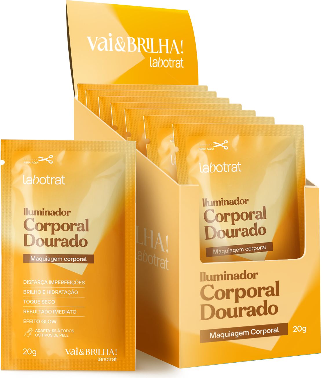 CX DISPLAY C/ 12 UNID ILUMINADOR CORPORAL DOURADO VAI E BRILHA 20G LABOTRAT